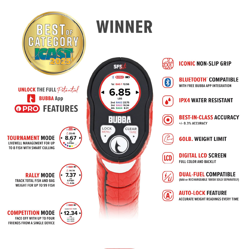 BUBBA Smart Fish Scale Lite in tournament mode tracks catches for events.