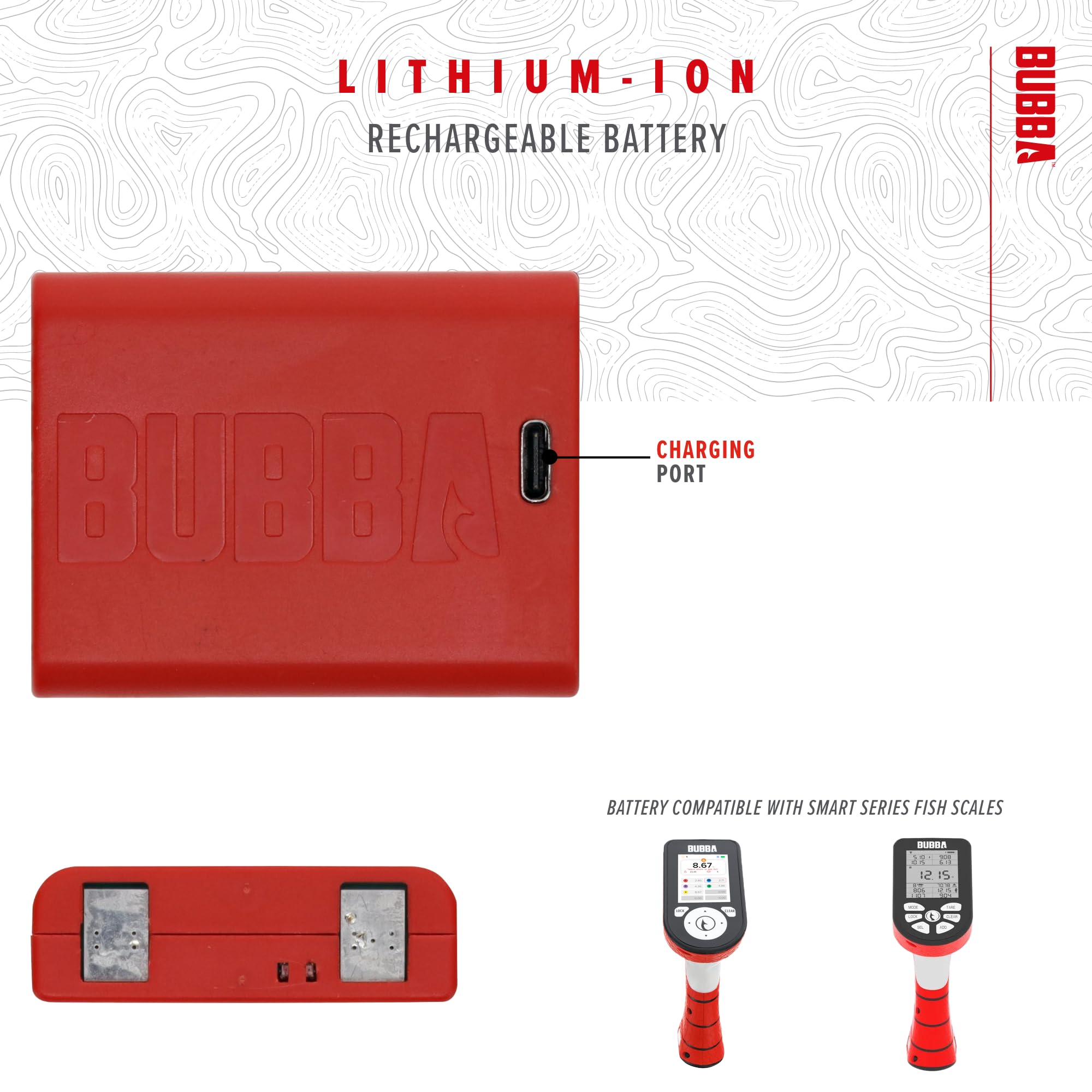 Close-up of BUBBA Smart Fish Scale Rechargeable Battery connected to Pro Series and Standard Scales
