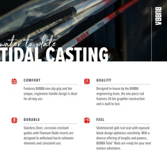 BUBBA Tidal Casting Rod 24-ton graphite construction for strength and lightness.