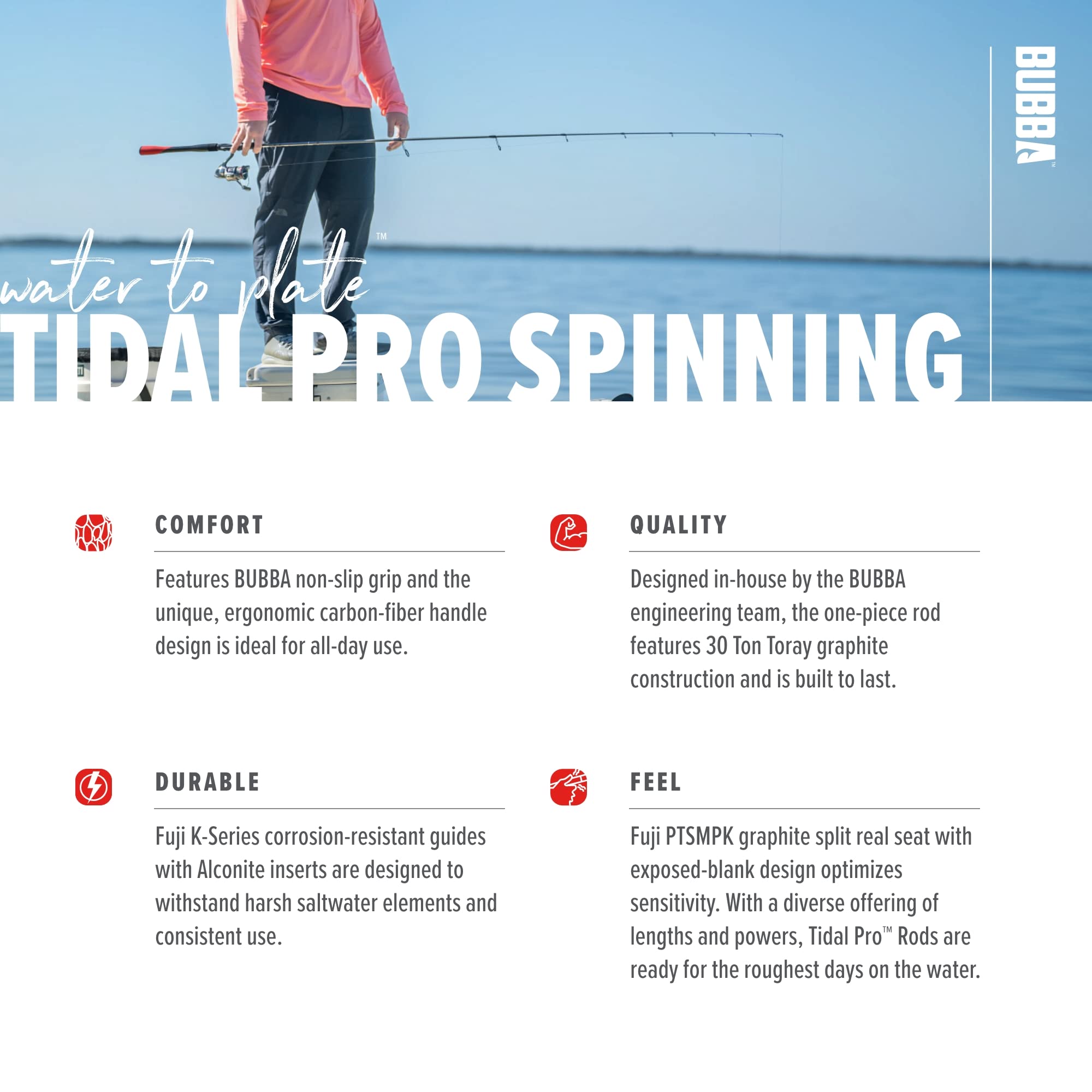 BUBBA Tidal Pro corrosion-resistant Fuji guides endure saltwater.