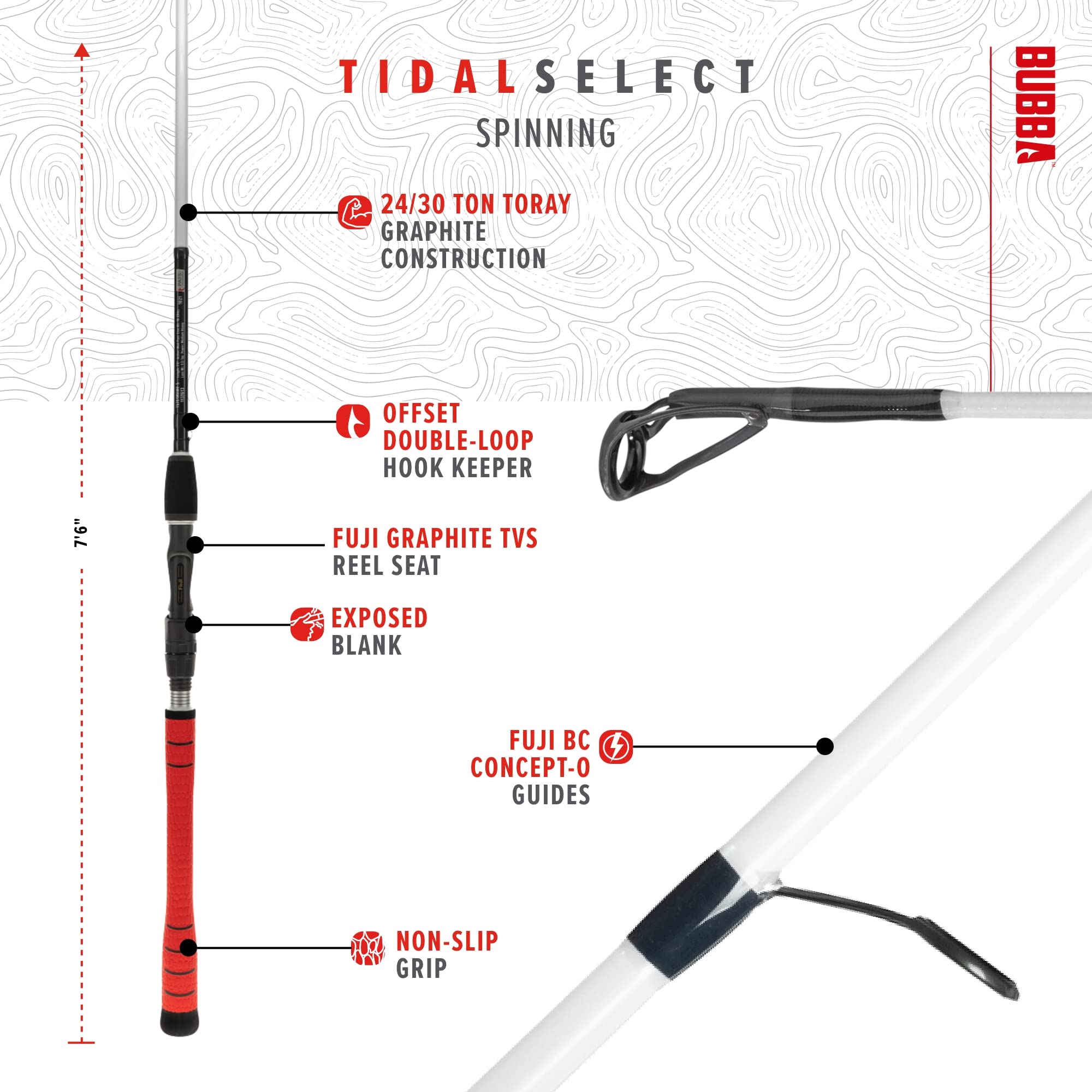 BUBBA TidalSelect spinning rod Fuji split reel seat enhances sensitivity