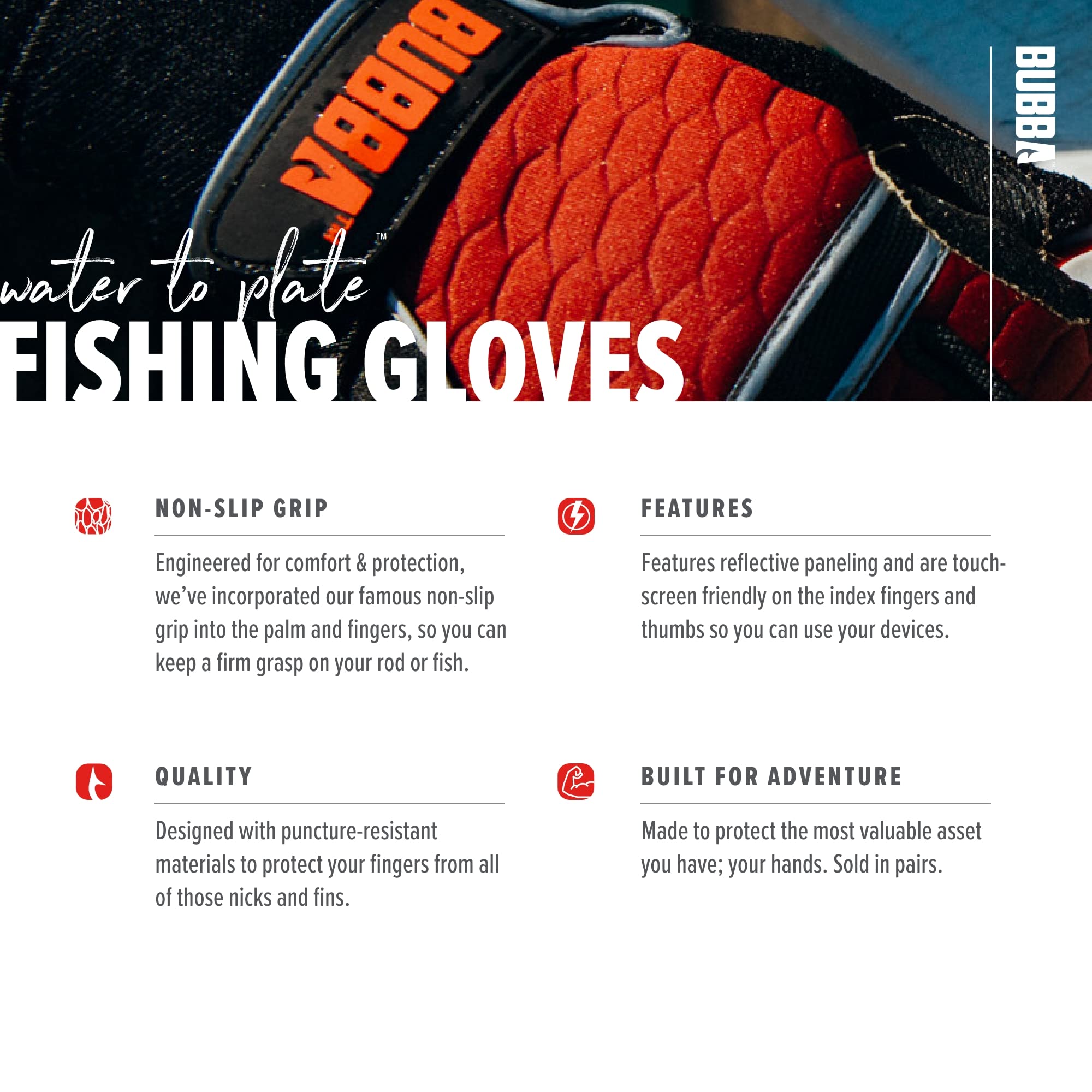 BUBBA Ultimate Fishing Gloves medium size 9x6 for snug fit.