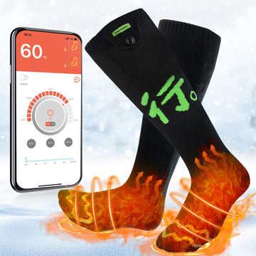 Bubbacare heated socks left view showing slim heating elements for outdoor warmth