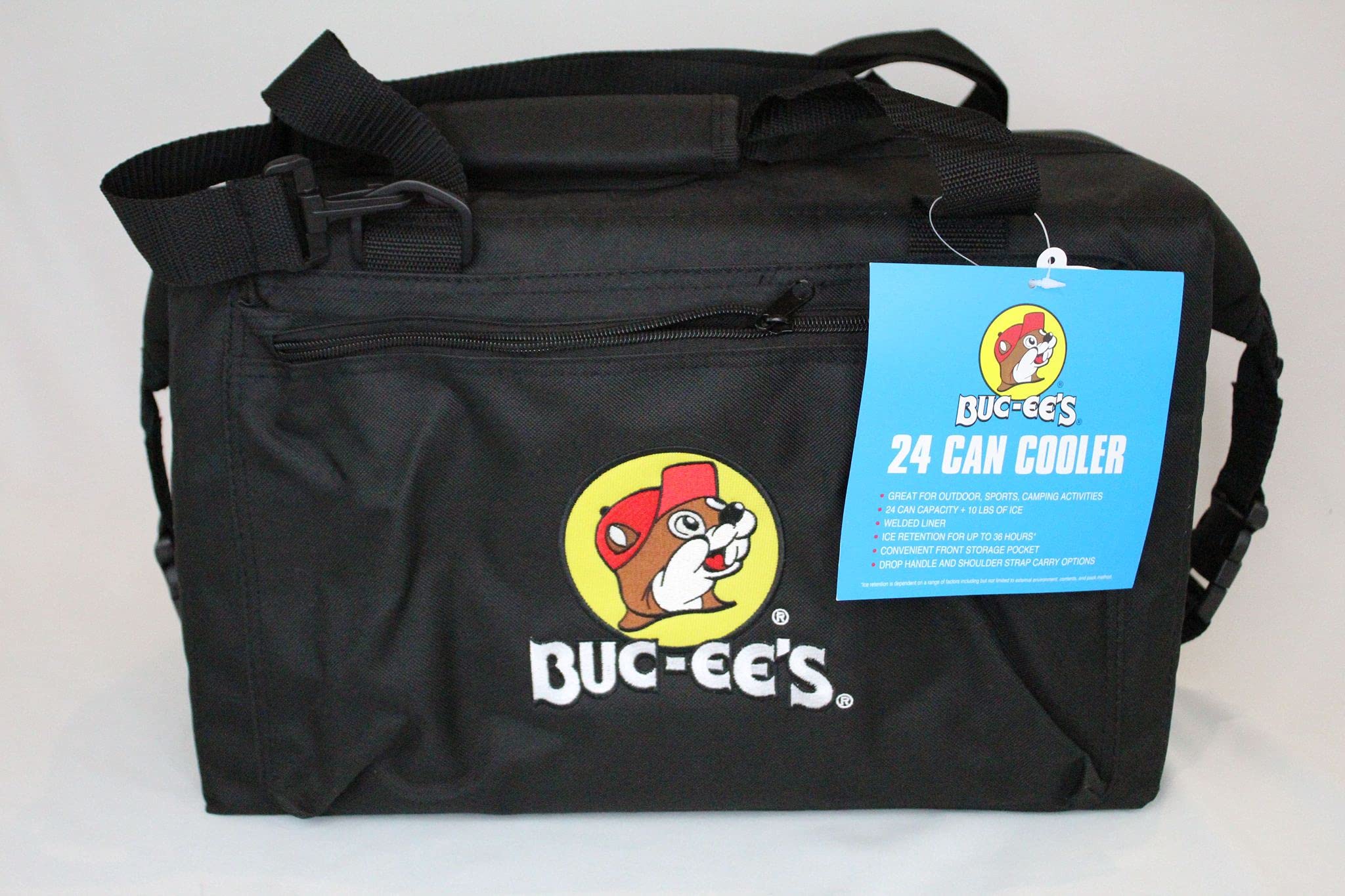 Buc-ee's cooler bag side view highlights padded handle and shoulder strap for easy carrying.