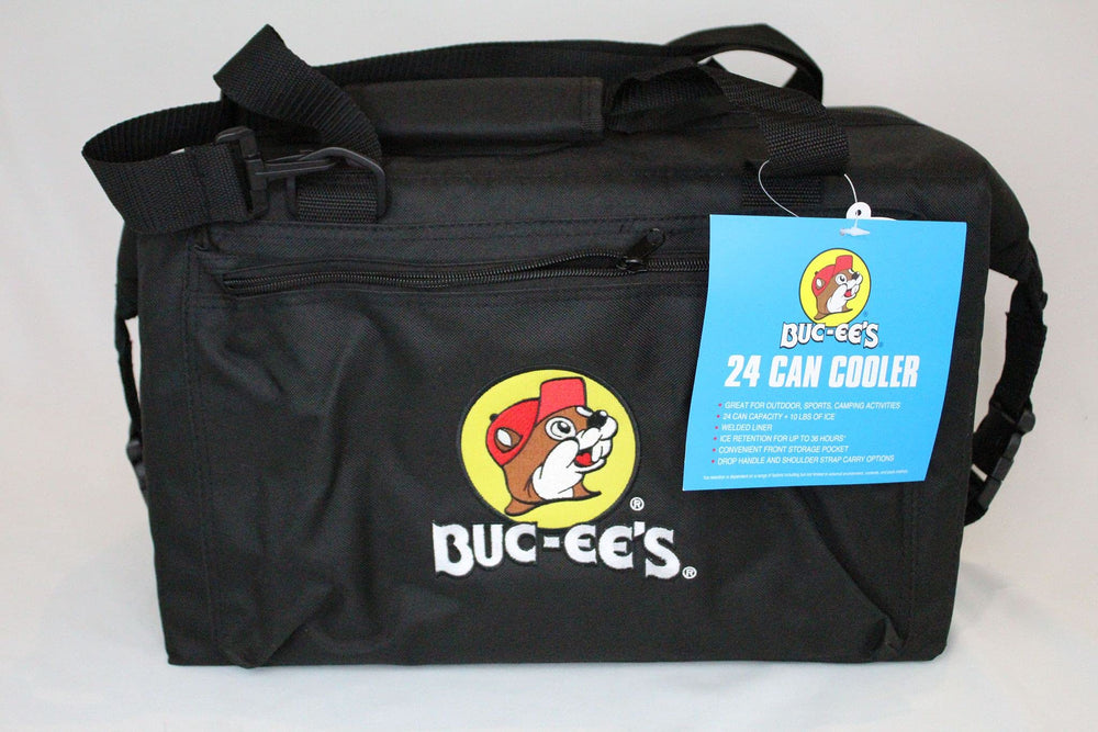 Buc-ee's cooler bag side view highlights padded handle and shoulder strap for easy carrying.