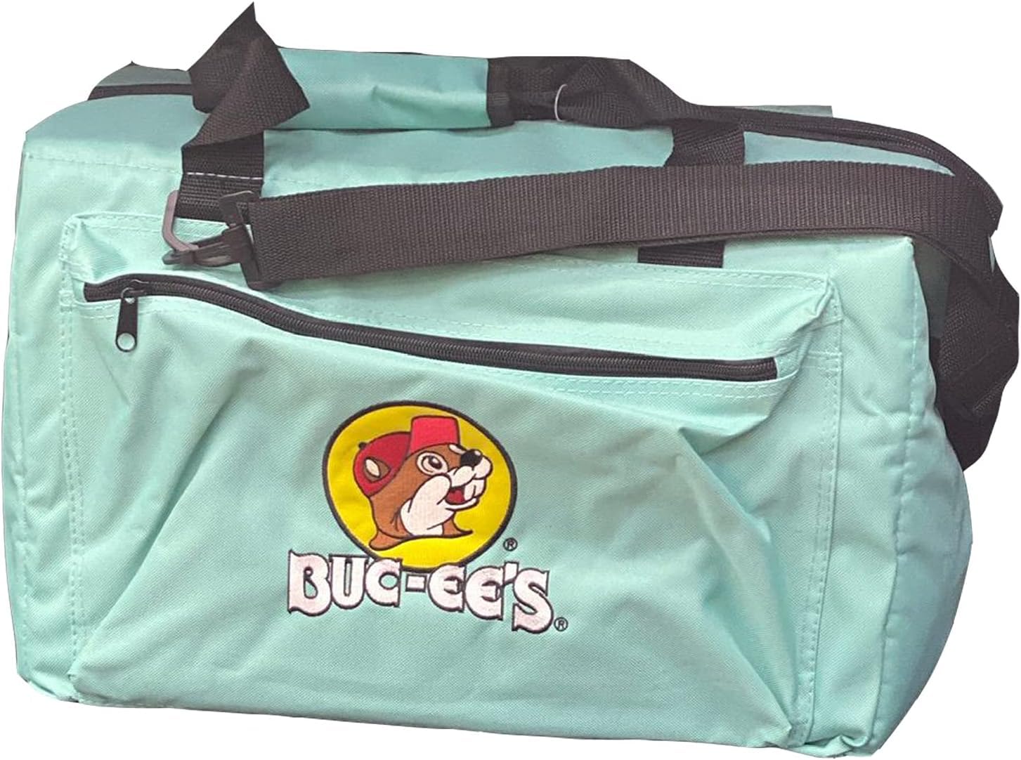 Buc-ee's 26L cooler bag with front pocket and adjustable strap for easy transport.