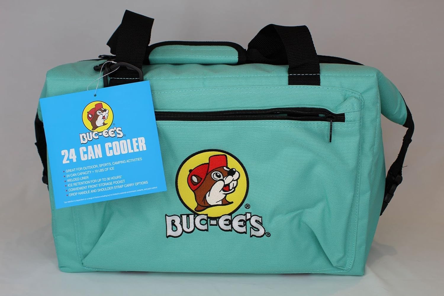 Buc-ee's 26L cooler bag showing insulated liner for long-lasting cold drinks.