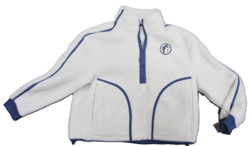 Buc-ee's sherpa fleece jacket front view in cream with blue trim for cozy warmth