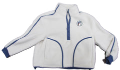 Buc-ee's sherpa fleece jacket front view in cream with blue trim for cozy warmth