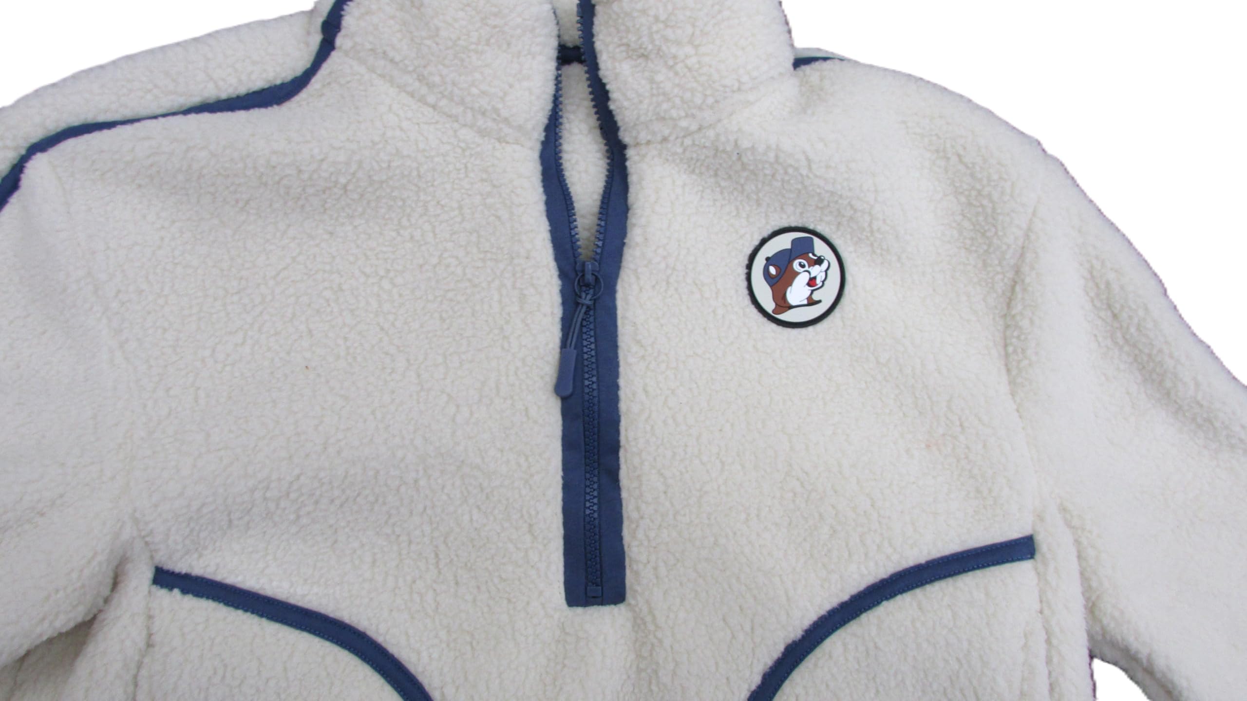 Buc-ee's sherpa fleece jacket quarter-zip detail showing easy layering and warmth