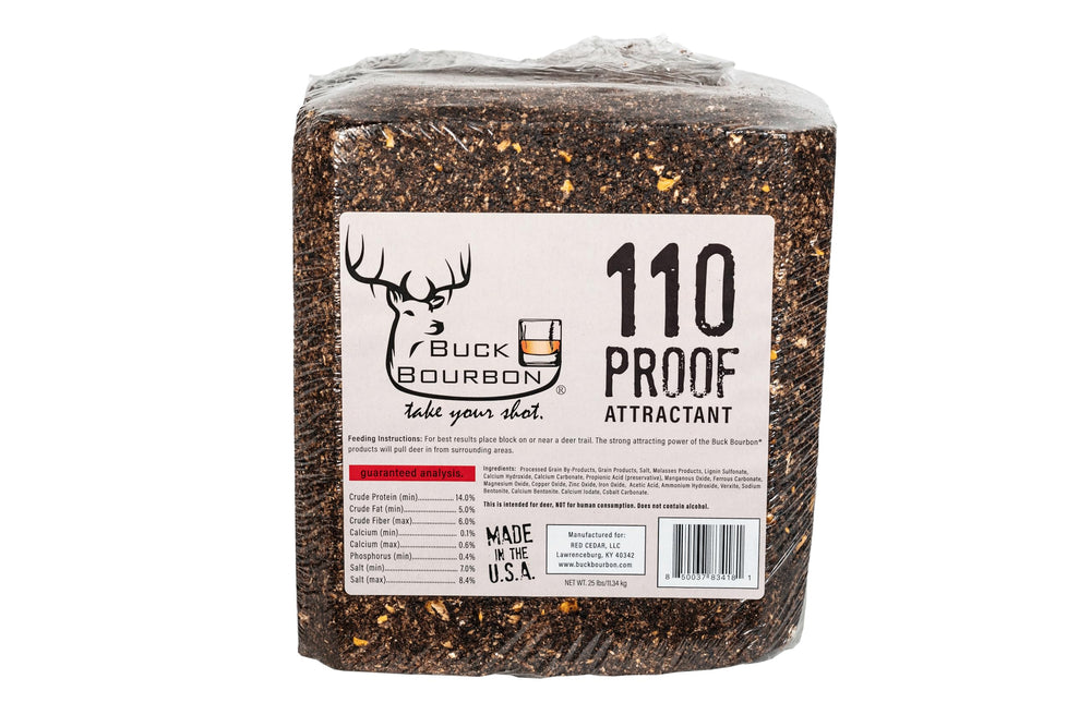 Buck Bourbon deer attractant block 25 lb in field setup for deer lure