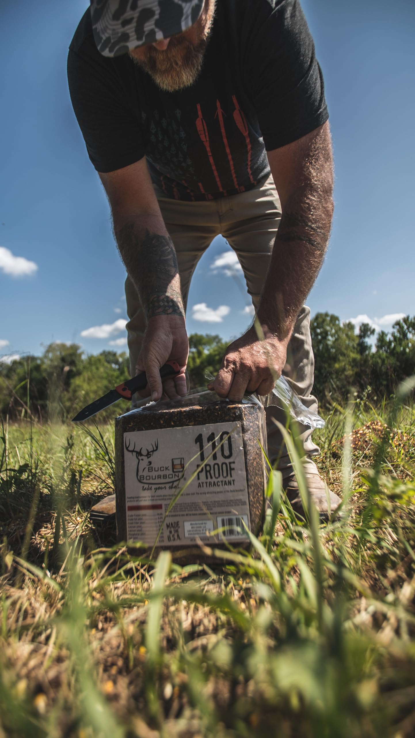 Buck Bourbon made in USA label on block indicating domestic production