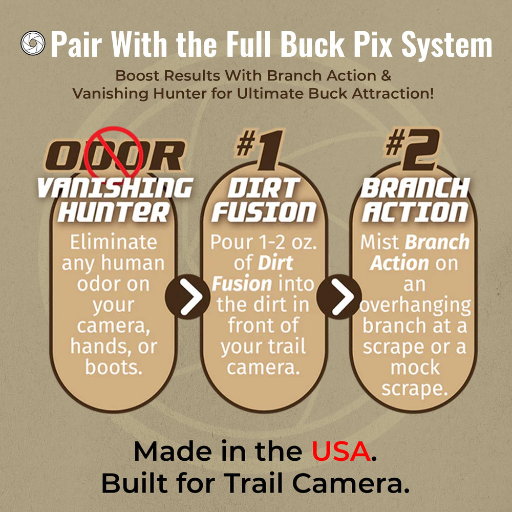 Buck Fever Synthetics Dirt Fusion scent ready for buck pre-rut interactions near camera