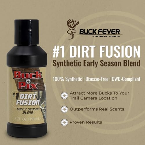 Buck Fever Synthetics Dirt Fusion scent poured into soil near camera to attract bucks, non-spoiling