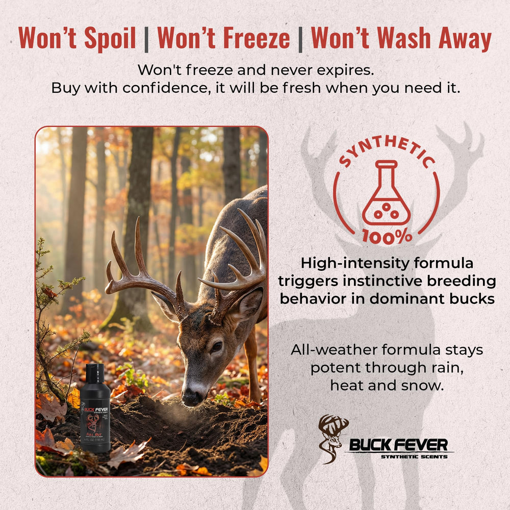 Buck Fever scent remains usable and non-spoiling when stored properly.