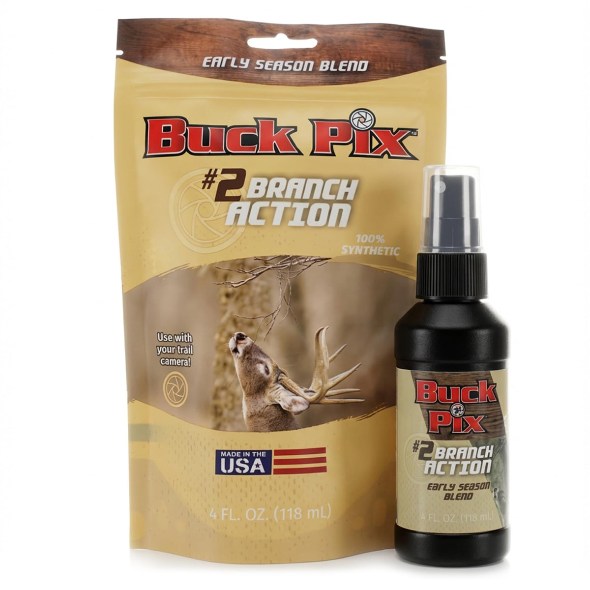 Buck Fever Synthetics Branch Action Scent 4oz bottle attracts bucks in warm or cool conditions.
