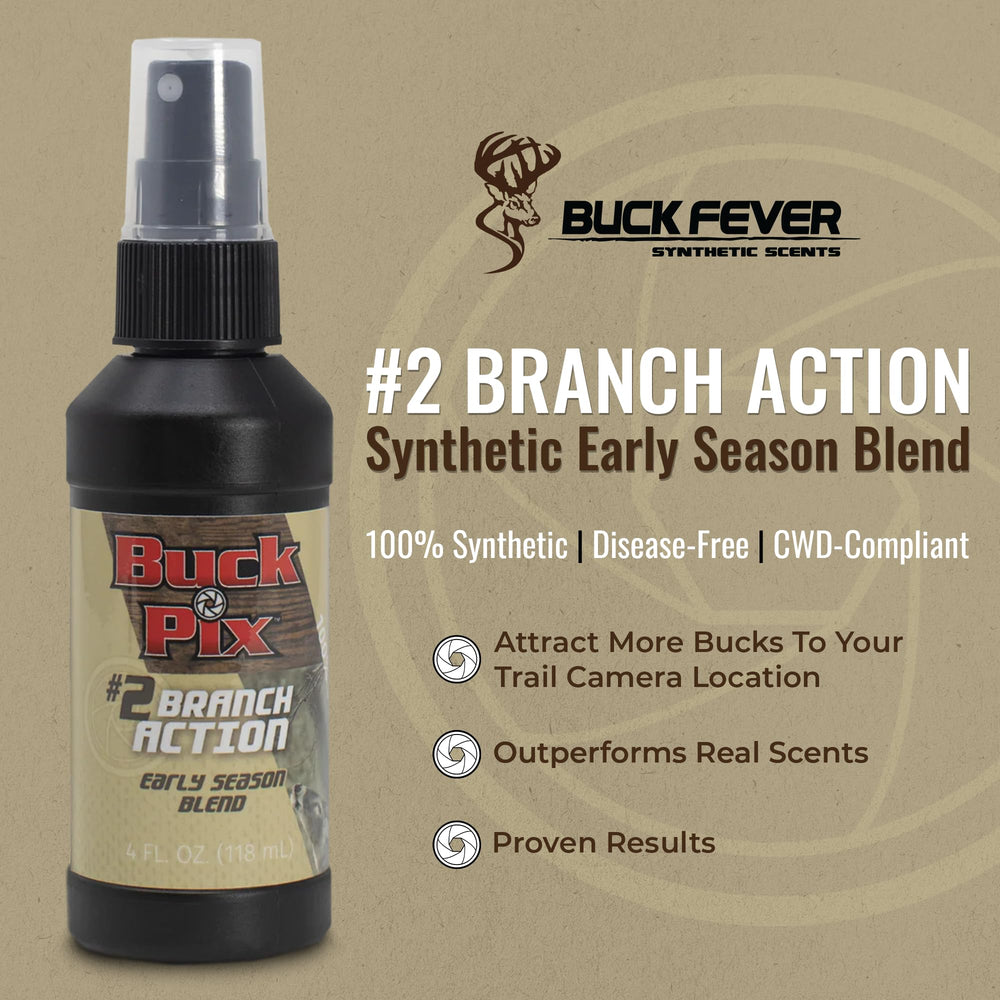 Buck Fever Synthetics Branch Action Scent bottle closeup highlights label and consistency.