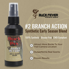 Buck Fever Synthetics Branch Action Scent bottle closeup highlights label and consistency.