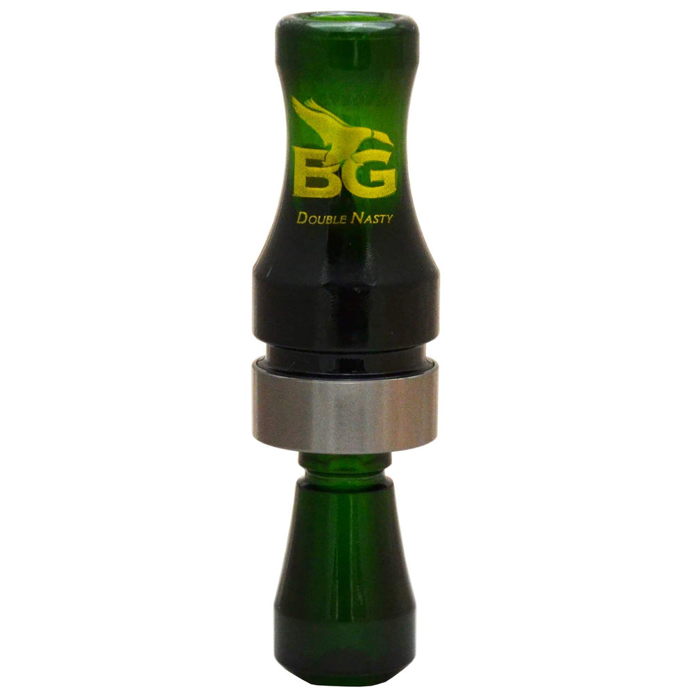 Buck Gardner Calls BGC Double Nasty Duck Call in camo green; raspy tone and volume for field use