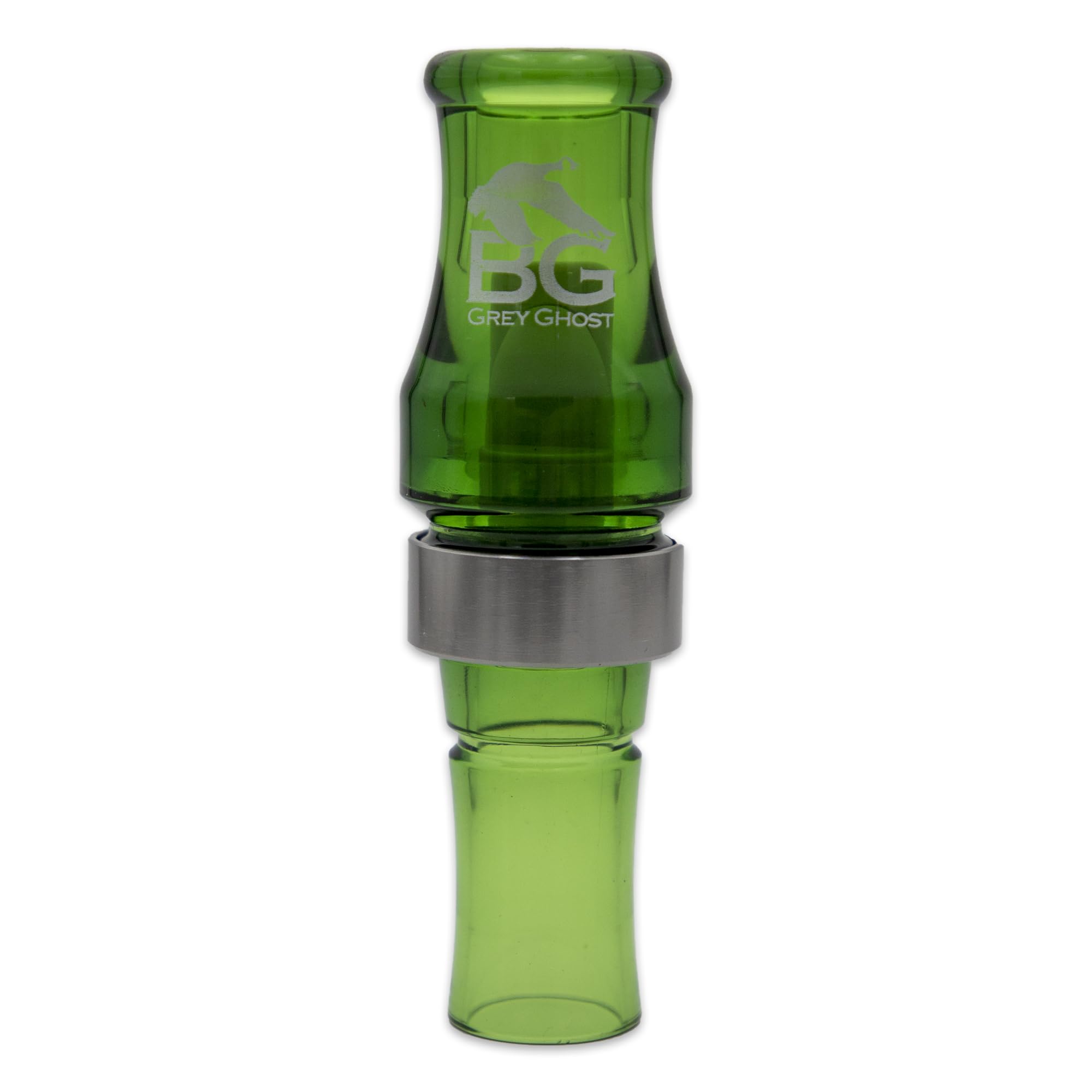 Buck Gardner Calls Grey Ghost poly goose call in camo green, delivers sharp, attention-grabbing honks.