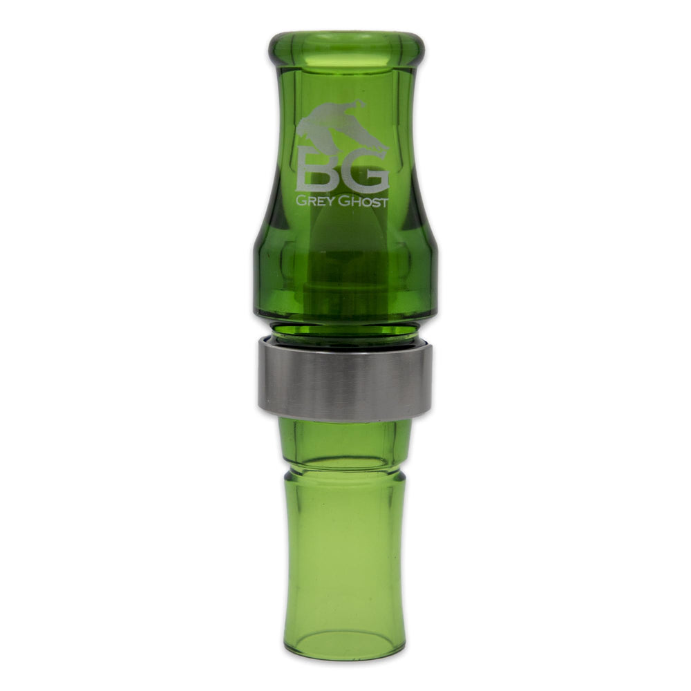 Buck Gardner Calls Grey Ghost poly goose call in camo green, delivers sharp, attention-grabbing honks.