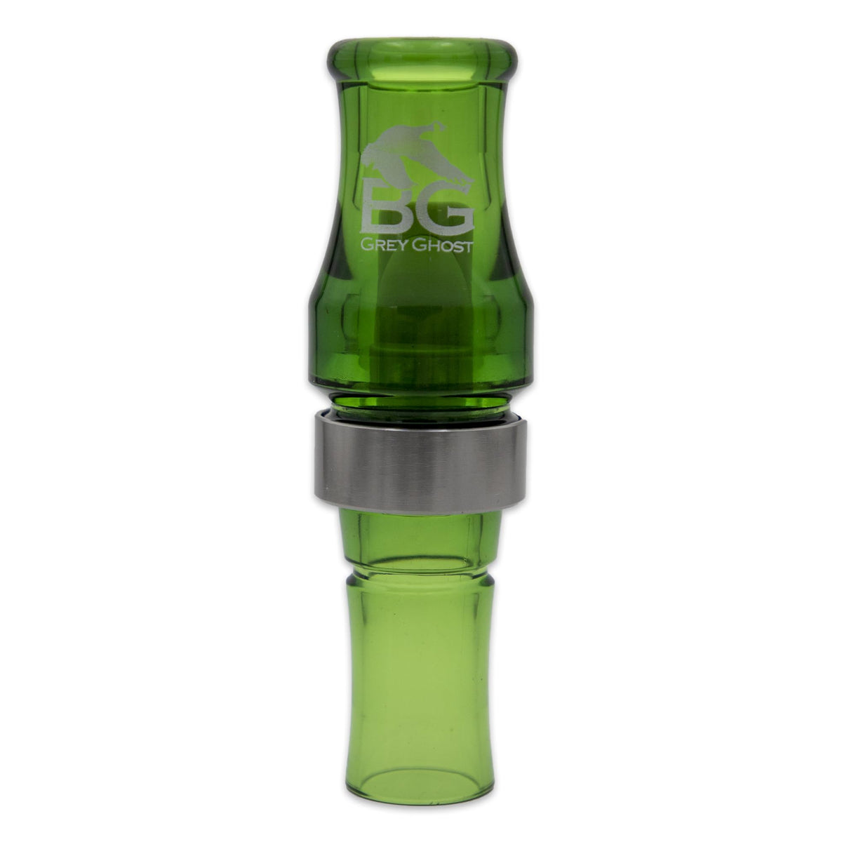 Buck Gardner Calls Grey Ghost poly goose call in camo green, delivers sharp, attention-grabbing honks.