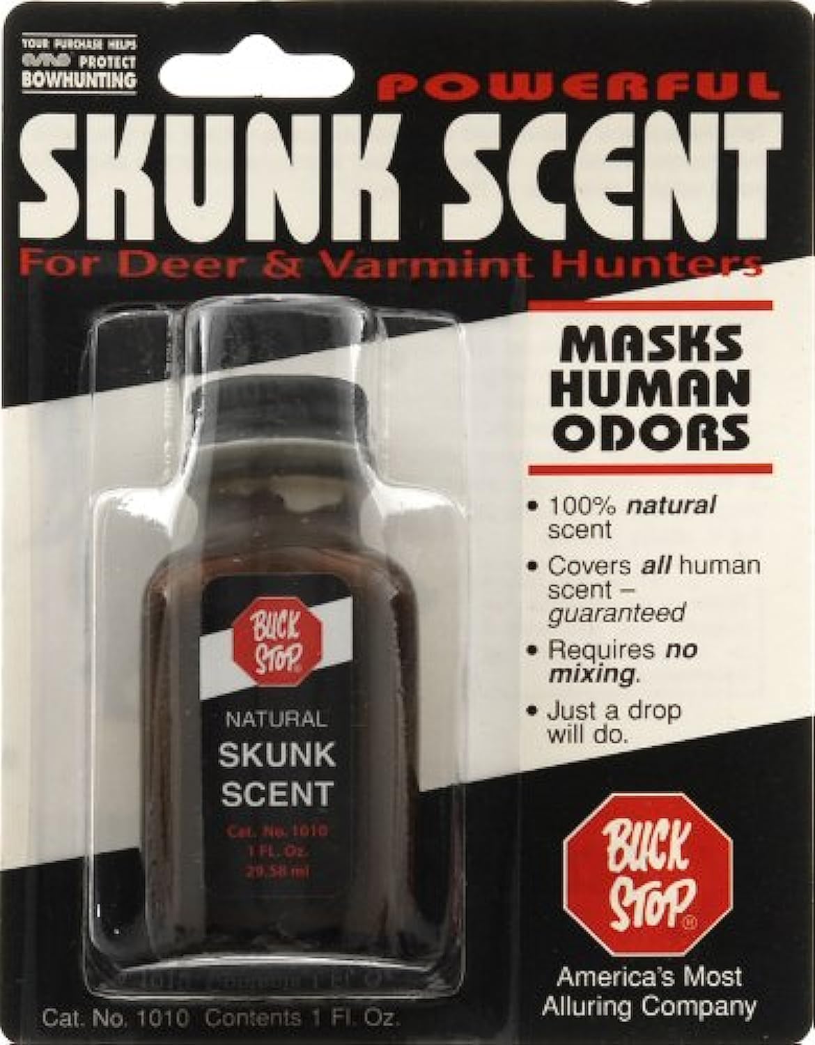 Buck Knives Buck Stop skunk scent in amber bottle for masking odor near hunting stands.