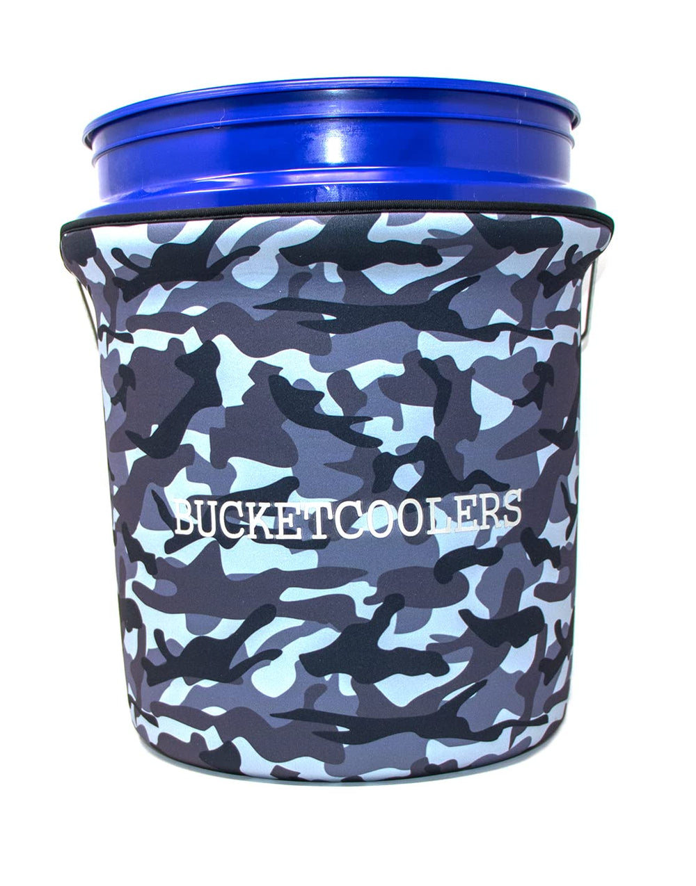 Bucket Cooler urban camo sleeve on bucket keeps drinks cold.