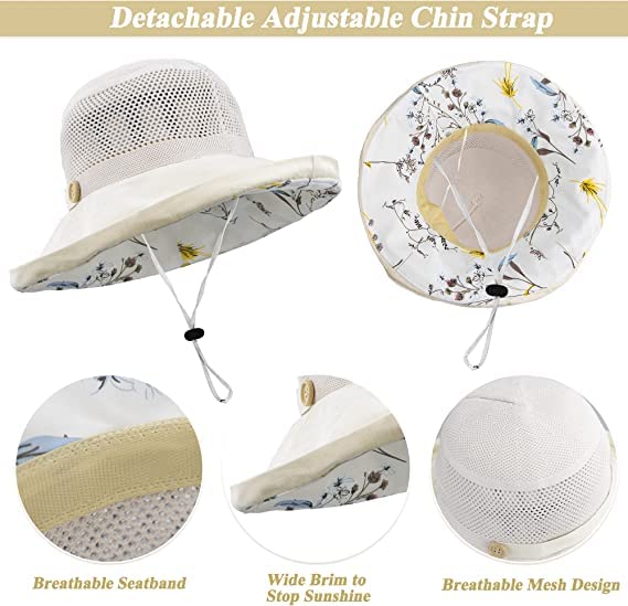 Beige bucket hat with detachable chin cord