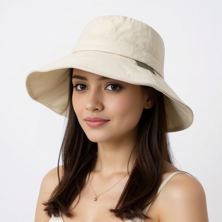 Close-up of quick-dry fabric on beige bucket hat