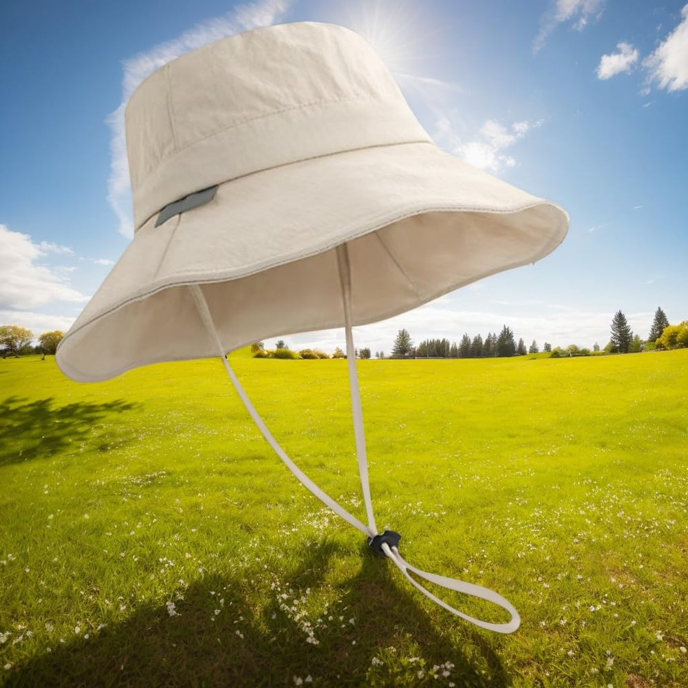 Packable, lightweight beige bucket hat for travel