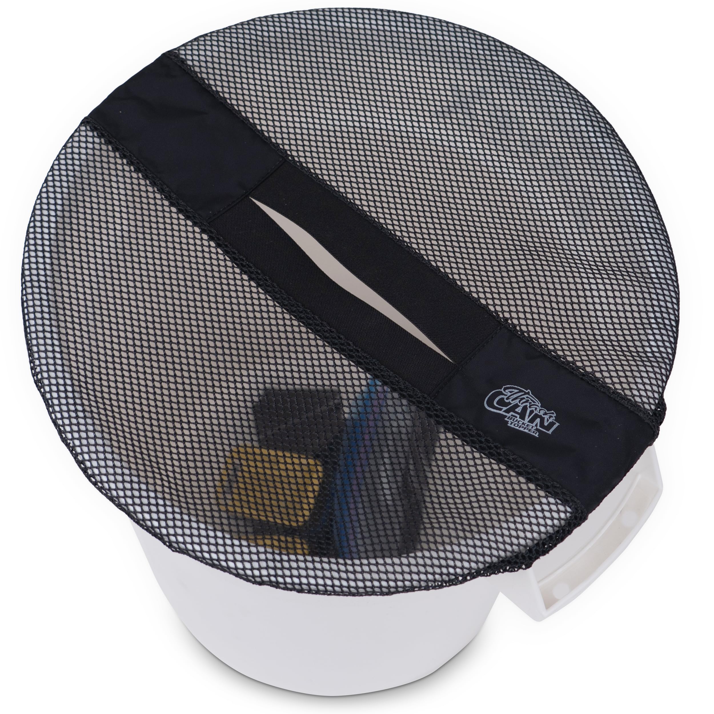Two-pack 10-gallon bucket lid in black mesh on a boat