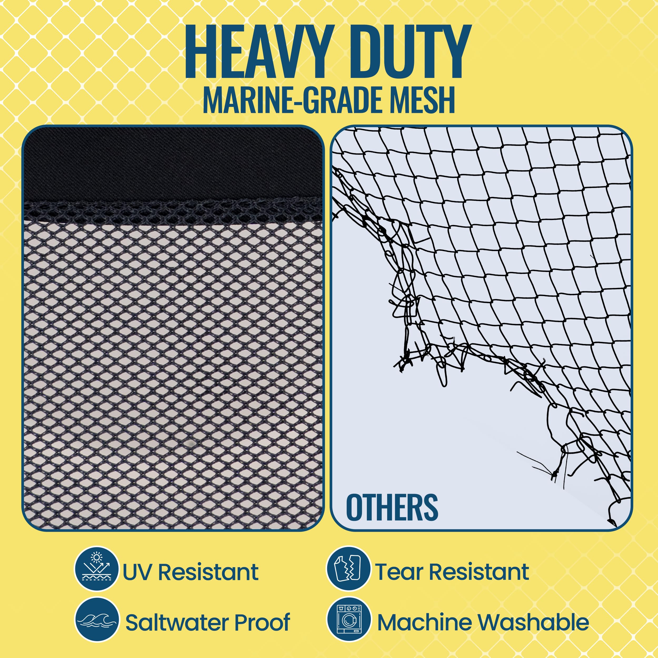 Mesh bucket lid used for gear storage on deck