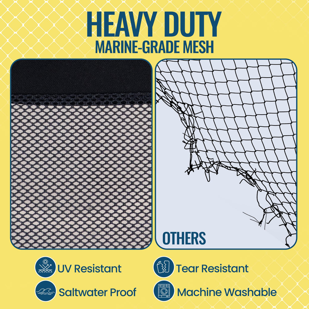Mesh bucket lid used for gear storage on deck