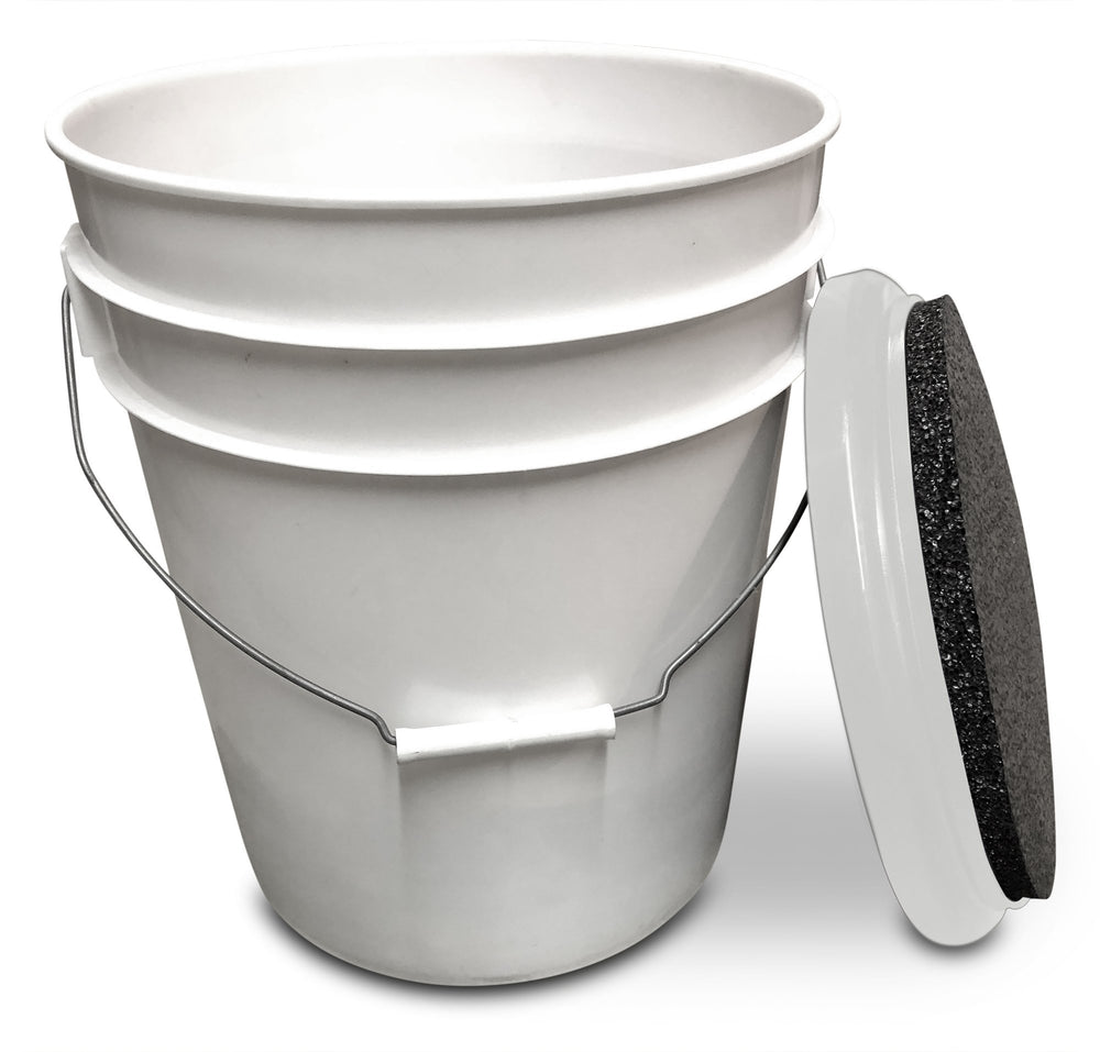 BUCKET PROS padded seat shown on bucket lid for comfortable outdoor seating.