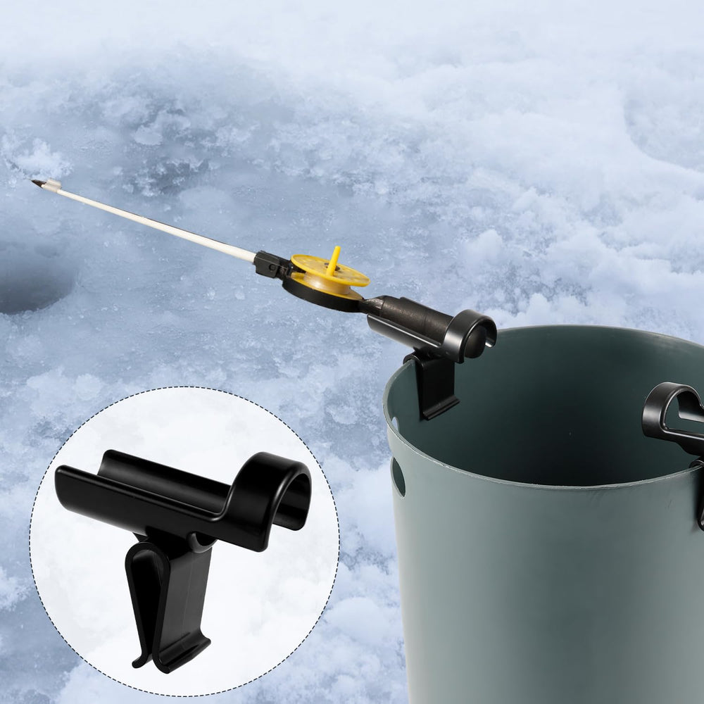 Plastic bucket rod holder clamped onto bucket