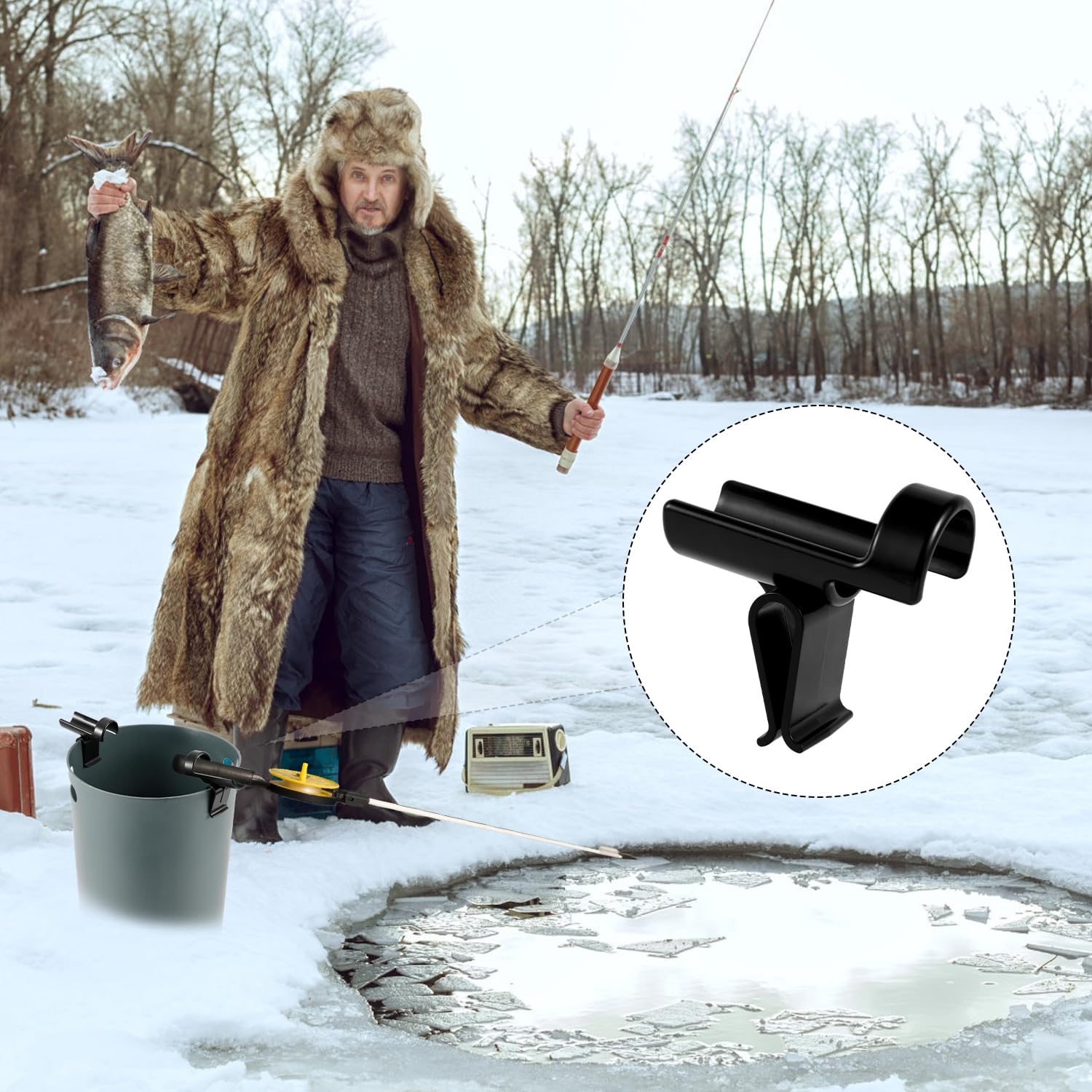 Bottom clip securing rod to the bucket