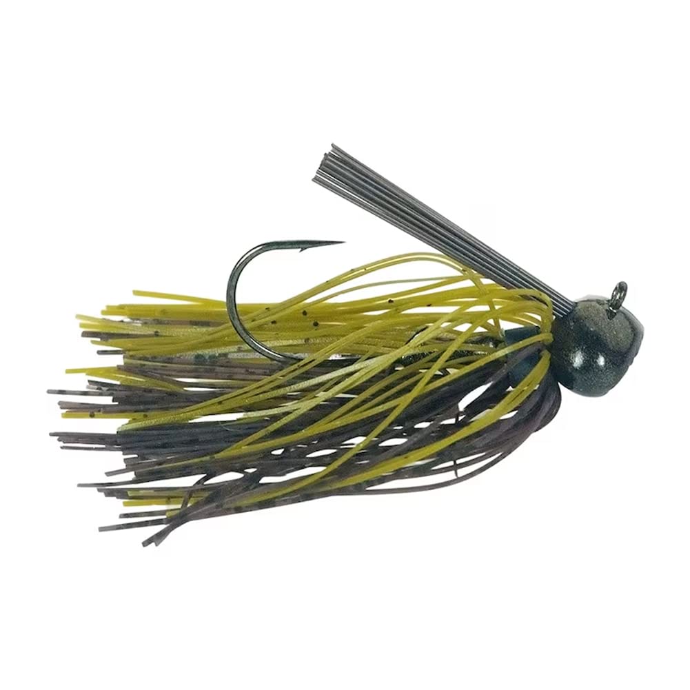 Buckeye Lures football jig with flat head and green pumpkin skirt, ideal for bottom fishing through cover