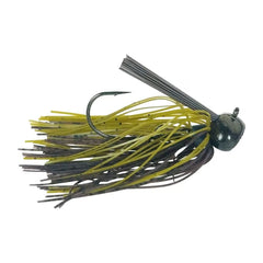 Buckeye Lures football jig with flat head and green pumpkin skirt, ideal for bottom fishing through cover