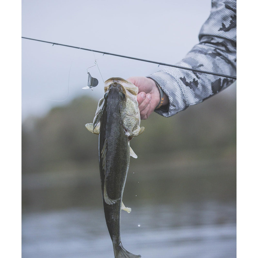 Close-up of long-shank Mustad hooks on the G-Buzz Bait.