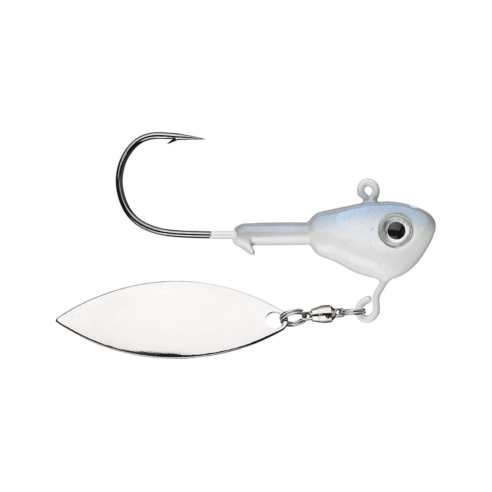 Buckeye Lures Su-Spin jighead with willow leaf blade albino boosts light reflection to attract bass.