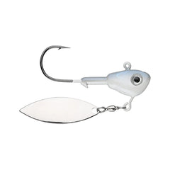 Buckeye Lures Su-Spin jighead with willow leaf blade albino boosts light reflection to attract bass.