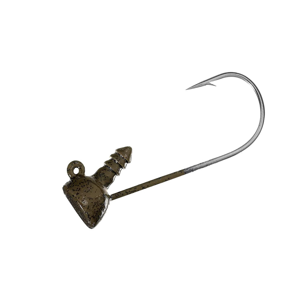 Close-up of Buckeye Lures jig head showing standing-on-end design for craws and worms