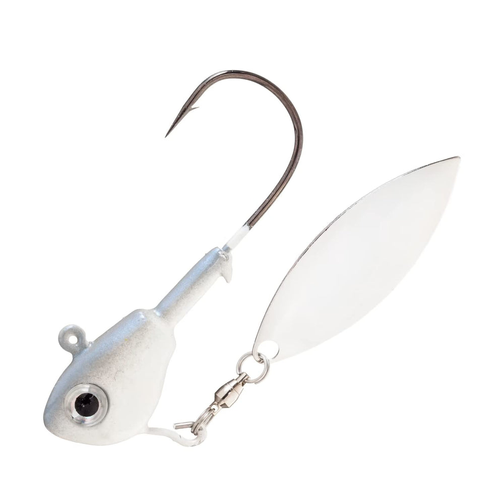 Buckeye Lures Su-Spin albino jighead close-up shows Needle-Point hook for solid hookups.