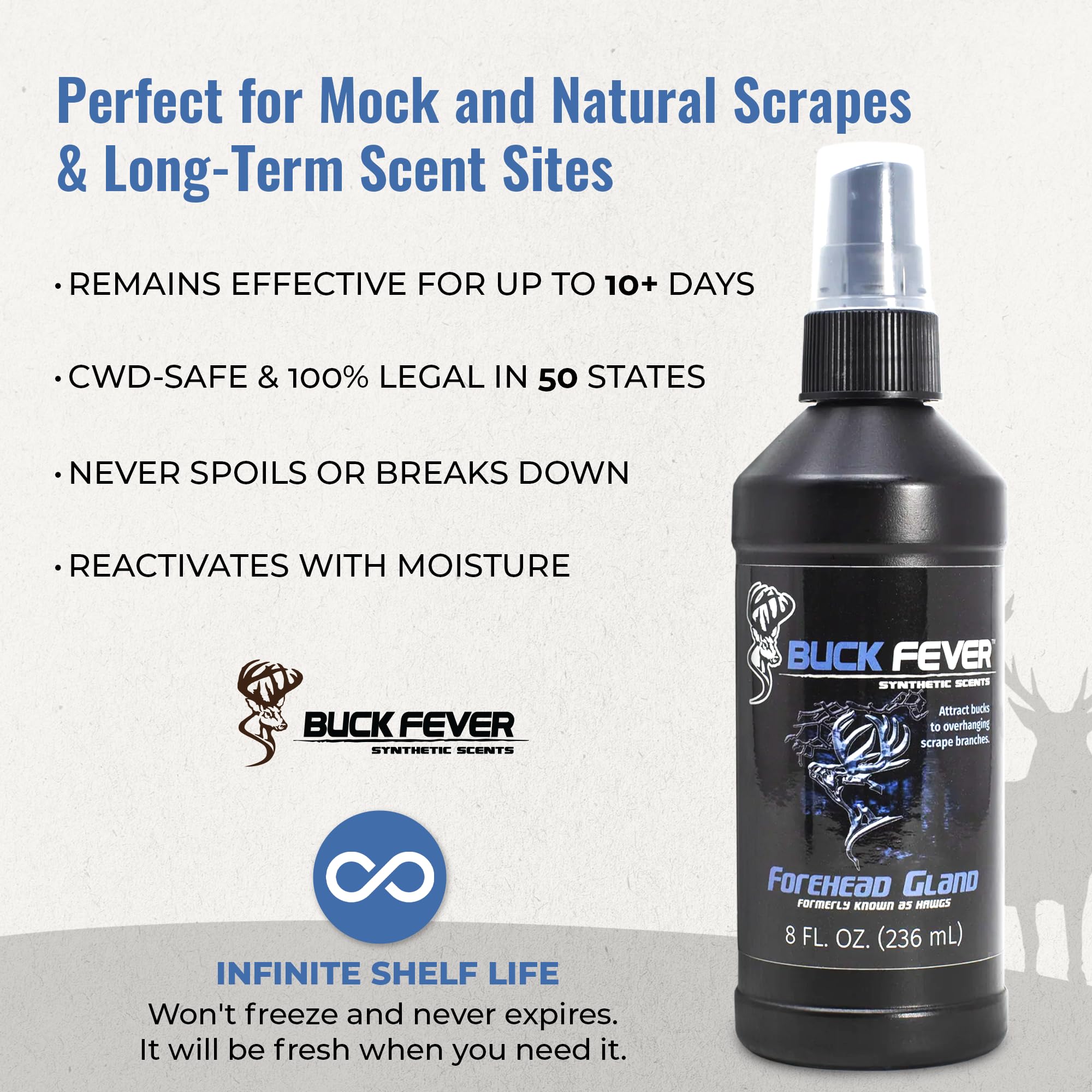 All-season Buck Fever scent attracts deer to scrapes and overhead branches.