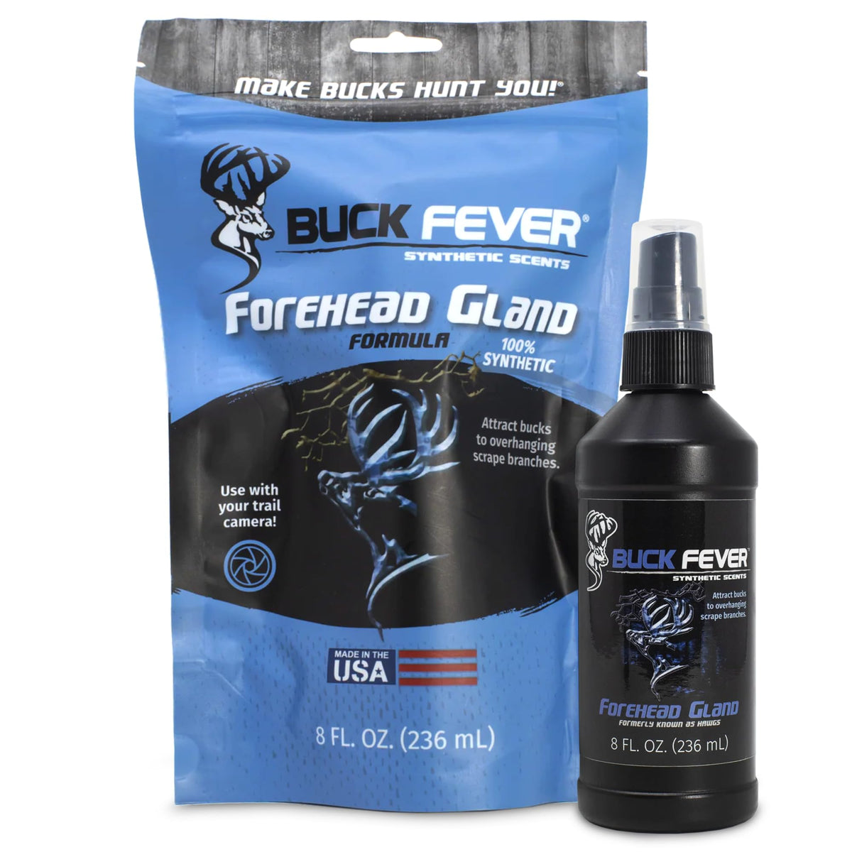 Buck Fever forehead gland 8oz bottle ready for year-round deer lure use.