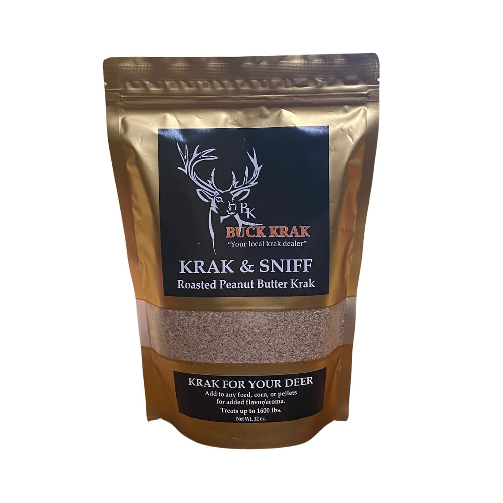 Buck Krak Krak & Sniff peanut butter dust enhances feed aroma to attract deer and turkey.