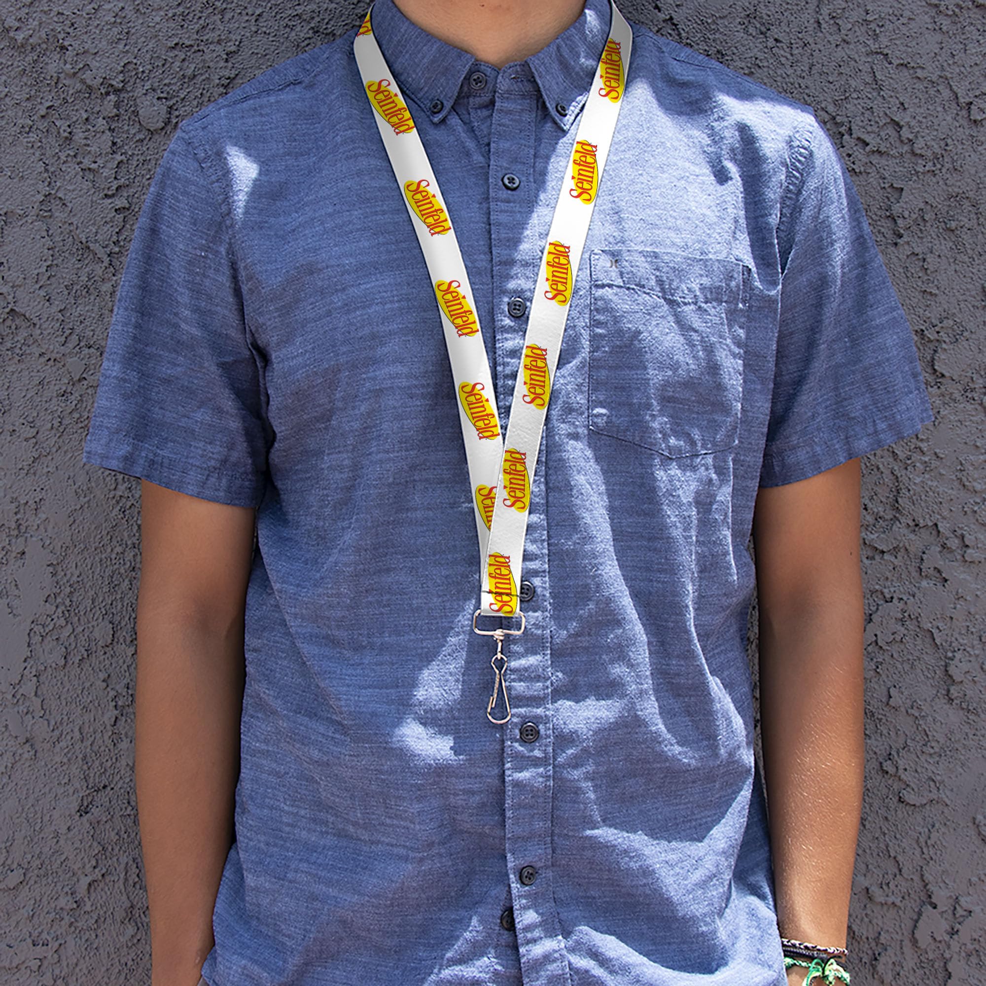 Buckle-Down Seinfeld lanyard elastic strap shown for all-day comfort.