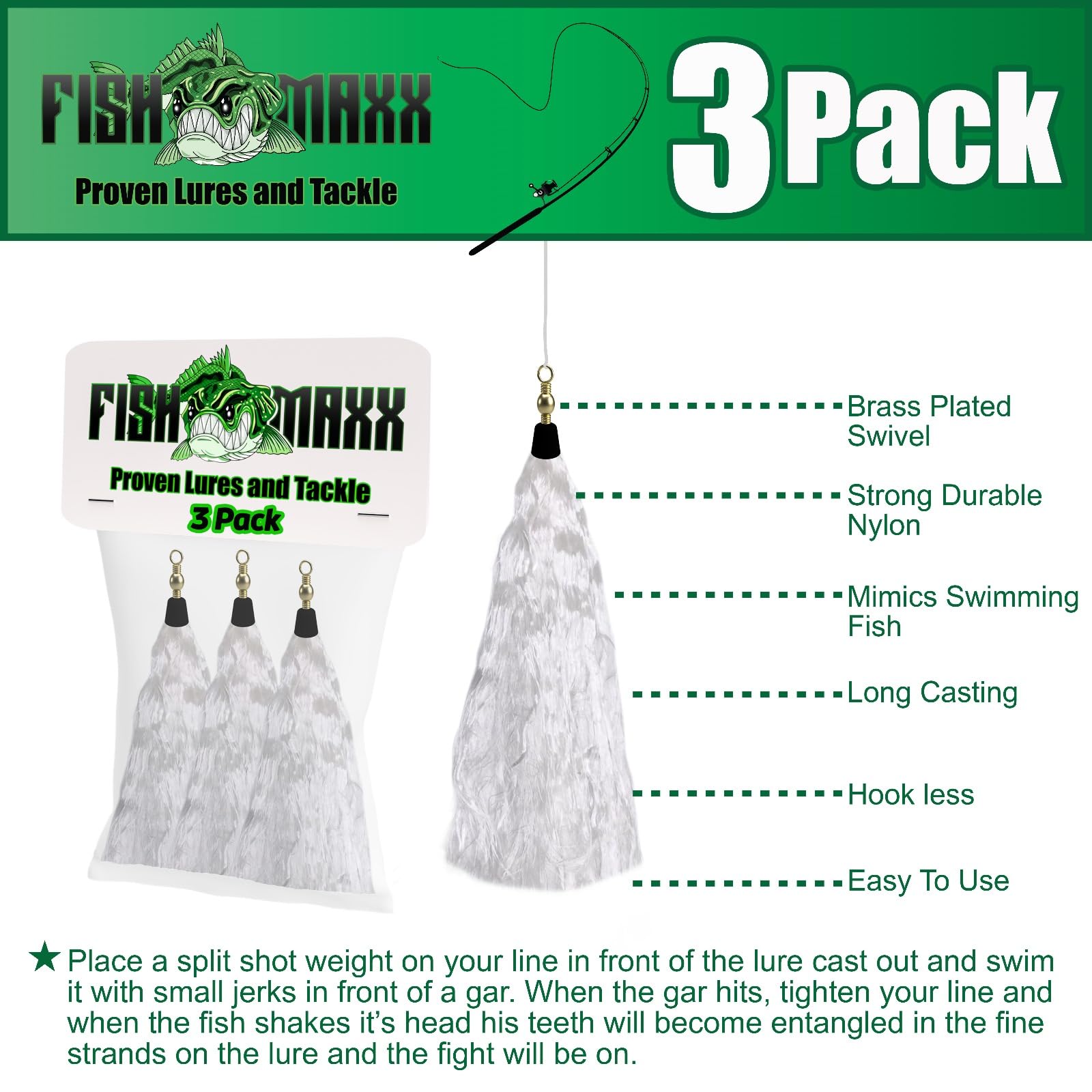 BuckMaxx Gar lure front view showing white and black pattern for stealthy gar strikes.