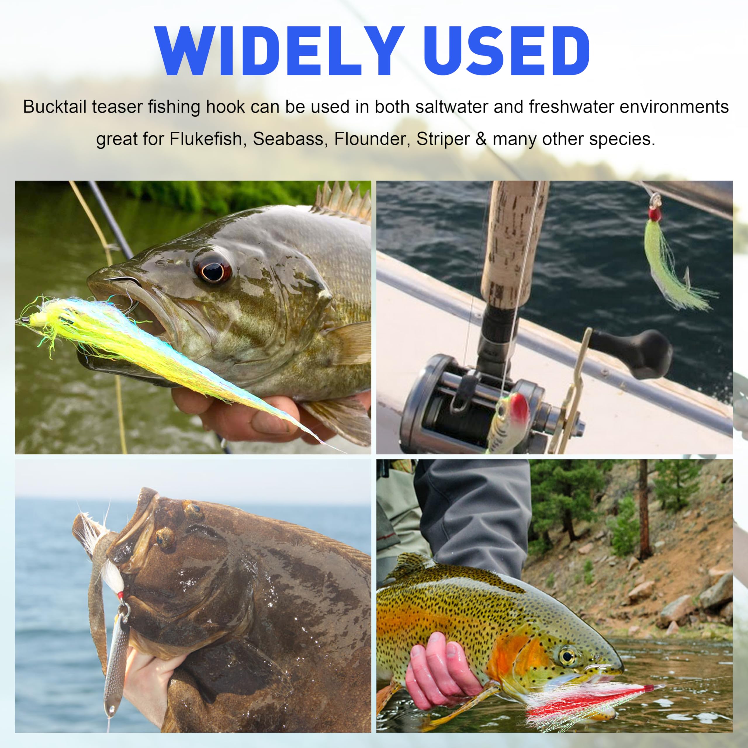 5 Bucktail Teaser Hooks in plastic storage box